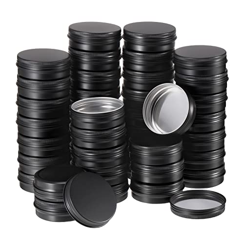 Therwen 96 Pcs Aluminum Tin Jars Containers Metal Leak Proof Cosmetic Tin Jars Containers Round Screw Lids Lip Balm Can Empty Refillable Cosmetic DIY Storage (2oz,Black)