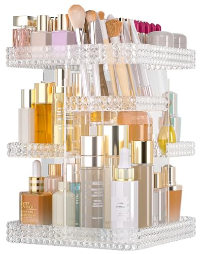 HEMTROY Clear Rotating Makeup Organizer with Brush Holder - Large Capacity Vanity Storage