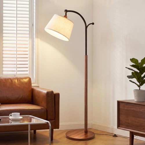 Wood Grain Arched Floor Lamp with Linen Shade - Dimmable 3-Color Temperatures, Foot Switch & Coat Hook - Bingyouth
