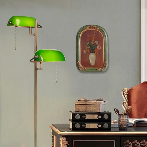 FIRVRE Green Glass Banker Floor Lamp with Adjustable Arm & Pull Chain Switch - Vintage Style Reading Light for Bedroom Office