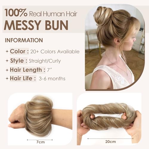 KISANOF 2 Pack Human Hair Messy Bun Hair Piece Honey Brown Highlighted with Elastic Band - Salon Quality