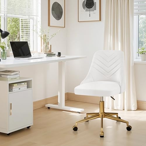 VECELO Cream White Velvet Vanity Desk Chair with Height Adjustment & 360° Swivel, Gold Base