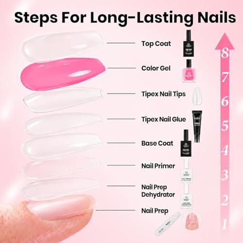8 Clear Long Square Nail Tips Kit - 224 pcs, Salon-Style, Instant Apex