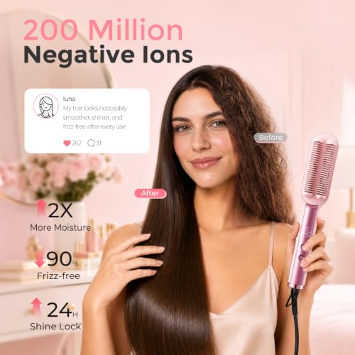 Hair Straightener Brush for Women, Ionic & Ceramic Hot Comb, Pink