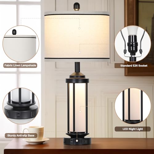 Set of 2 Black Farmhouse Rustic Industrial Table Lamps with USB+C Ports & AC Outlet - 26 Inch Bedside Lamps with LED Night Light & Linen Shade - Variation of THIS listing