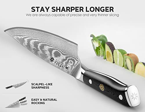 ASETY Damascus Knife Set 3 Pieces with G10 Handle - Chef, Santoku & Utility Knives