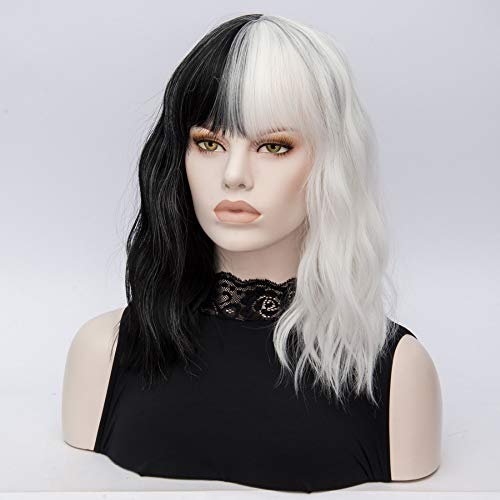 Short Wavy Shoulder Length Women's Heat Resistant Wig with Full Bang - Black and White Variation