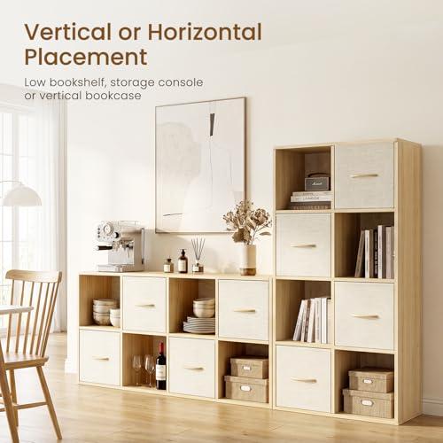 EXPERLAM 8 Cube Storage Organizer with 4 Fabric Bins - Solid Wood Bookcase, Vertical or Horizontal Use