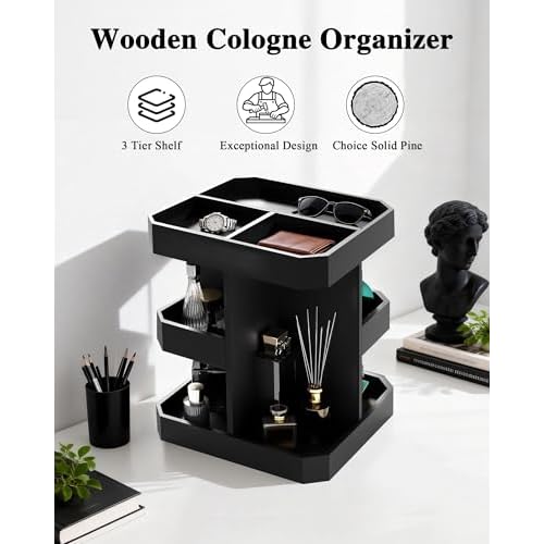 HWZ Wooden Cologne Organizer for Men, Cologne Stand, 360 Rotating, Massive 3 Shelf Storage Unit, Elegant Display Holder for Perfume & Accessories, Bedroom Essentials, Ideal Gift for Loved ones