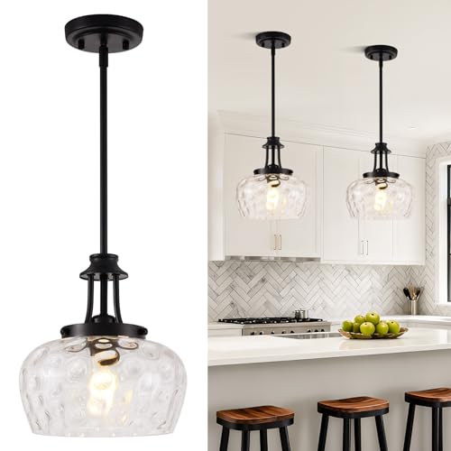 1 Pack Matte Black Pendant Light with 10-Inch Clear Hammered Glass Shade for Kitchen Island & Dining Room - Adjustable Height