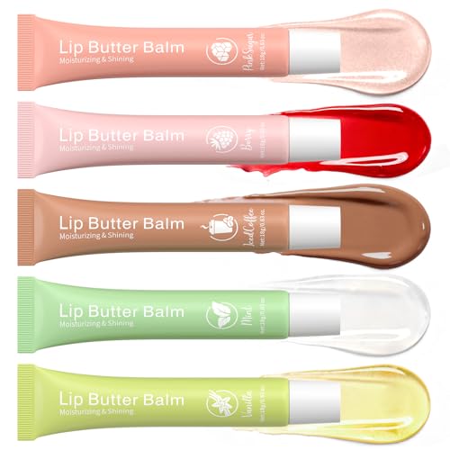 Glossy Lip Balm & Lip Gloss Set? Hydrating Lip Butter Balms For Smooth, Soft Lips ? Nourishing, Long-Lasting Moisture ? Vanilla, Coffee, Mint, Berry & Pink Sugar,Women's Day Gifts For Women
