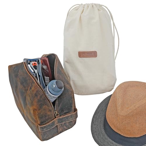 Premium Leather Unisex Toiletry Travel Pouch, Cosmetic Bag Organizer Stylish Waterproof Lining Vintage Unisex Kit, Water Resistant-Cosmetic Case DOPP Kit SD 064 (Coffee)