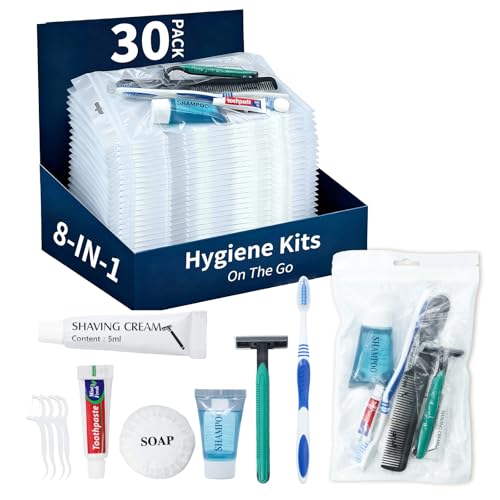Homeless Care Package Supplies Bulk 8-in-1 Hygiene Kits - 30 Pack, Individually Packed, Travel-Size