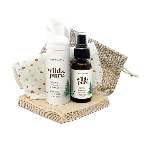 Wild & Pure EWG Verified Natural Travel Size Body Wash Set (1.7oz Foam, 0.9oz Spray + wipes) | Cleanser, Deodorizer, Moisturizer | pH-Balanced, Microbiome-Friendly, Plant-Based | Refillable Skincare