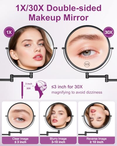 Wall Mounted Makeup Mirror 8 Inch with 30X Magnification & 360° Rotation