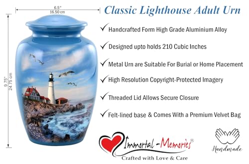 Full Size Ocean Blue Lighthouse Cremation Urn for Adults - Holds Up to 210 Lbs