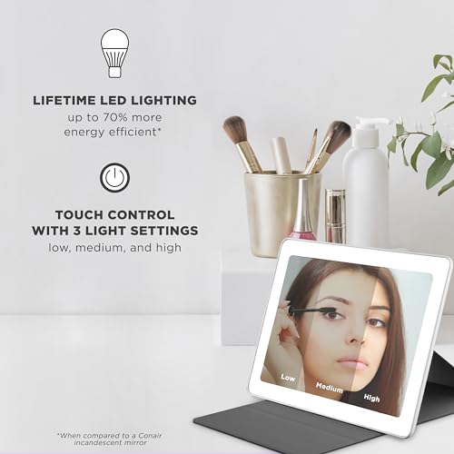 Conair Lighted Makeup Mirror, LED Vanity Mirror, 1X/5X Magnifying Mirror, Foldable with Case, Battery Operated and Rechargeable in White