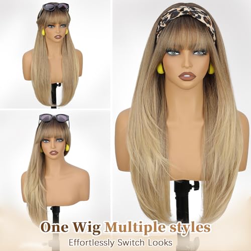Ombre Blonde Long Straight Layered Wig with Bangs - Natural Realistic Synthetic Hair