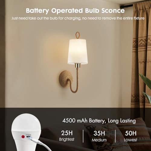 HILUXIA Set of 2 Battery-Operated Boho Wall Sconce Lamps with Remote, Rechargeable LED Rattan Gold Light Fixtures for Bedroom & Living Room