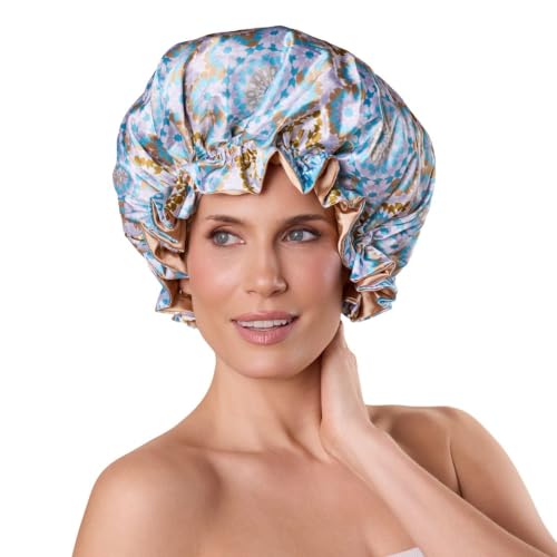 Bounce Curl Reversible Satin Night Cap for Curly Hair - Blue, Adjustable Band