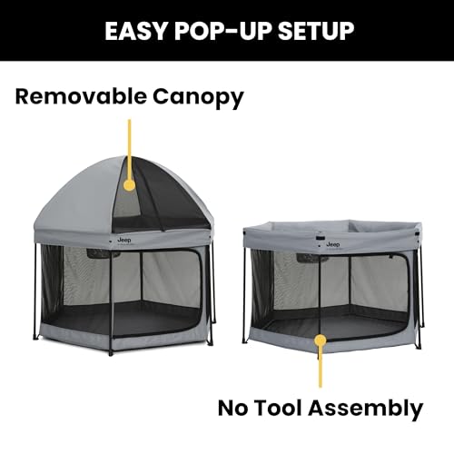 Delta Children Jeep Hexagon Pop Up Play Yard with Removable Canopy - Grey, Indoor & Outdoor Baby Playpen
