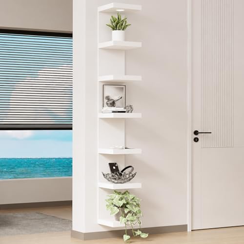 White 7-Tier Wall Shelf Unit with LED Light - Floating Display Shelves