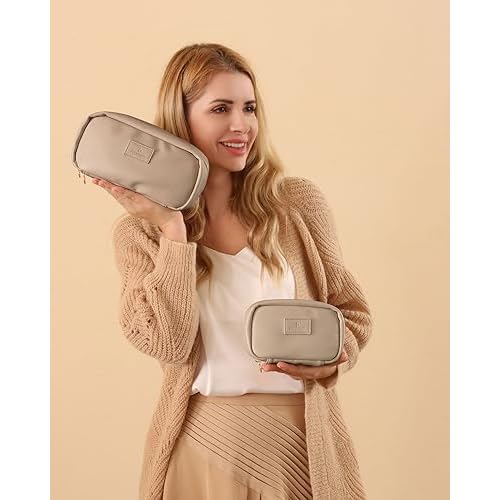 Pocmimut Makeup Bag,Open Flat Makeup Pouch Purse Car Accessories,Travel Essentials Organizer with Divider,Christmas Birthday Gifts for Mom and Lover,Apricot