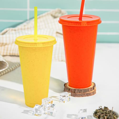 72 Pack Glitter Plastic Cups with Lids and Straws - 24 oz Reusable Coffee Cups for Parties