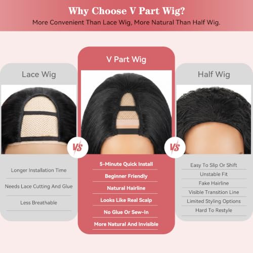 Looxey 26 Inch Black Yaki Straight V Part Wig - Synthetic Glueless Clip-In Half Wig for Black Women