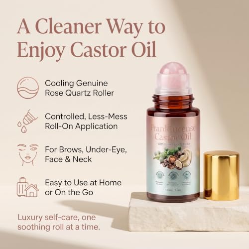 Organic Castor Oil Roll-On with Rose Quartz & Frankincense for Face & Eyes, 1.7 Fl Oz