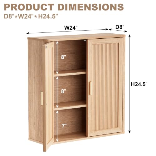 INNOD Wood Wall-Mounted Bathroom Cabinet Over Toilet Storage with Adjustable Shelf (Natural Oak) - Included Doors
