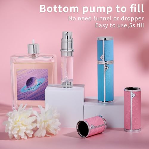Sky Blue & Pink Travel Perfume Atomizer Set - 2pcs 5ml Refillable Cologne Bottles with Leather Case