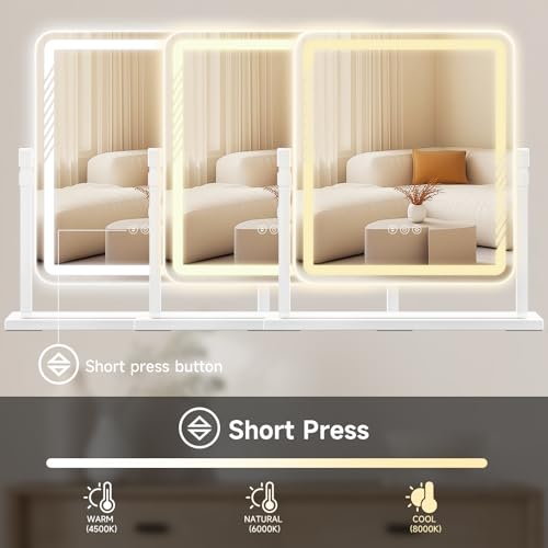 Vanity Mirror with Lights, Height-Adjustable & 360¡Æ Rotation, 1/10X Magnification, Three Color Lighting Modes, Makeup Mirror Smart Touch Control, Large Vanity Desk Mirror (17.5in,White)