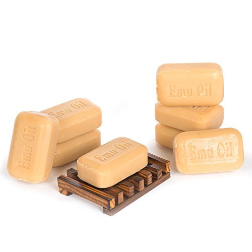 Emu Oil Bar Soap Set - 8 Bars with Natural Wood Soap Dish, Moisturizing Skin Care