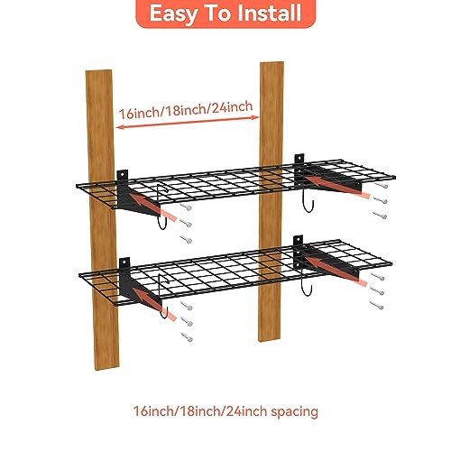Garage Wall Shelves 2-Pack - 15x45 Inch Wire Storage with Hooks, Black