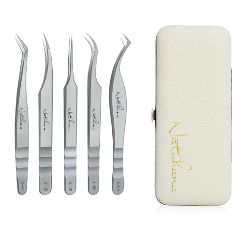 NATUHANA High Precision Lash Tweezers Set A-08+06+03+01+02 – Straight, Curved & Volume Fiber Tips
