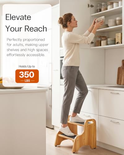 2 Pack Wooden Step Stools - Heavy Duty 350 lb Capacity Non-Slip Household Ladder