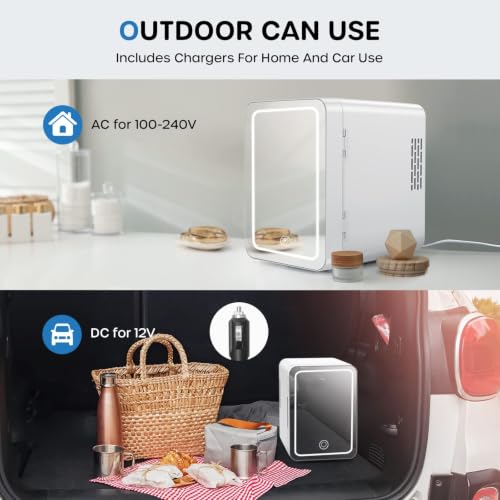 Mini Skincare Fridge with LED Mirror & Adjustable Light - Portable Cosmetic Cooler