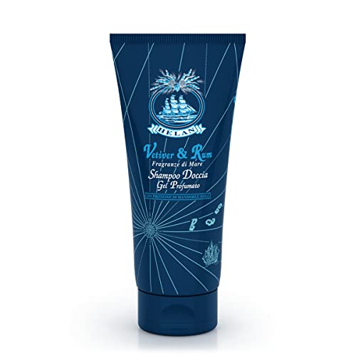 Helan Vetiver & Rum - Mens Body Wash & Shampoo for Sensitive Skin, Gentle and Natural Shower Gel for Body and Hair with Sweet Almond Proteins, Scented and Ideal for Frequent Use Made in Italy 200fl oz