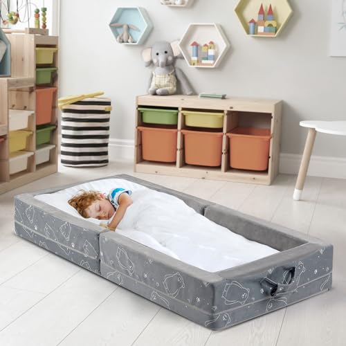 Umoving Portable Toddler Travel Bed - Foldable Soft Foam Floor Crib - Light Grey