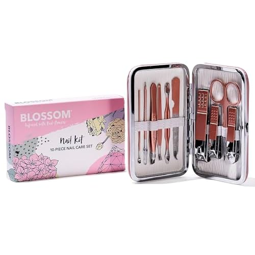 Blossom 10 in 1 Professional Manicure, Pedicure + Facial Tools Grooming Kit, Stainless Steel Nailcare Nail Clipper Kit with Nail Care Tools, Travel Case and Gift Ready Box
