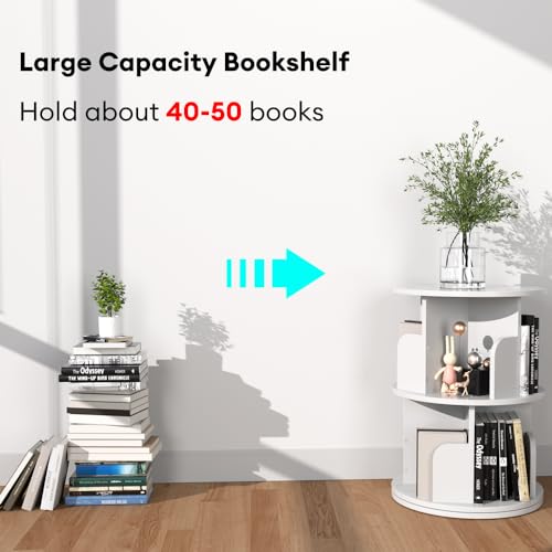 Nidouillet Rotating 2-Tier Round Bookshelf - 360° Swivel Corner Bookcase, Wooden Space-Saving Storage for Living Room & Bedroom, White