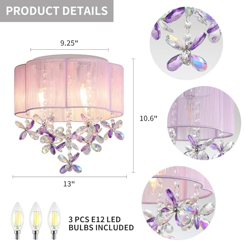 Purple 13-Inch Handmade Crystal Mini Chandelier for Girls Bedroom - Flush Mount Ceiling Light