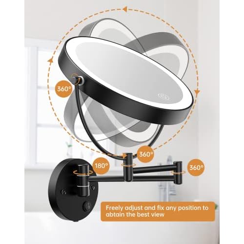 Benbilry 9" Large Wall Mounted Lighted Makeup Mirror, 1X/10X Magnifying 2-Sided AC Plug-in Powered Bathroom Mirror with 3 Color Lights, Touch Dimmable, Extended Arm 360¡Æ Rotation, Black