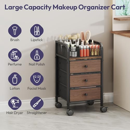 SWTYMIKI Rolling Makeup Organizer Cart - Floor Skincare Make Up Storage with 3 Non-woven Drawers, Vanity Organizer Cosmetic Display Cases Cabinet for Skin Care Perfume Nail Polish Brush Hair Tool