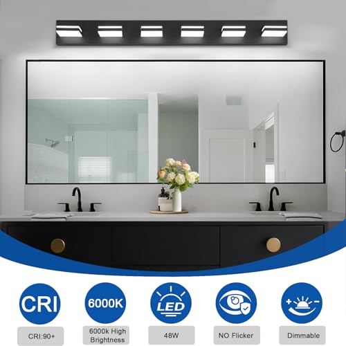 IZORRO 6-Light Matte Black Floating LED Vanity Lights, 6000K Dimmable, 36in (No Assembly) – Over Mirror, 360° Rotatable