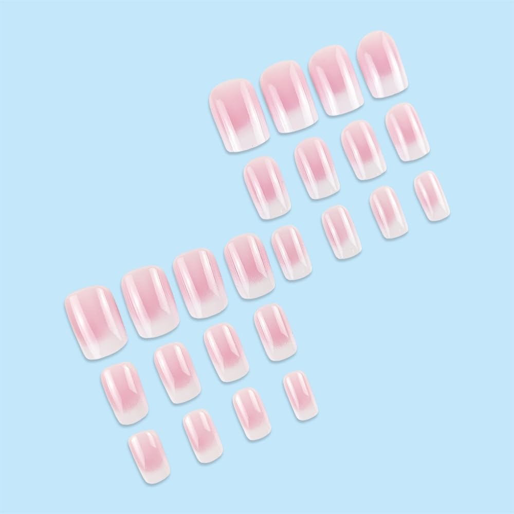 Press on Nails Kit Medium Square Ombre Nude Pink White Fake Glue ons Nails Set with Design Full Cover Artificial False Stick on Acrylic Nail for Women 24PCS
