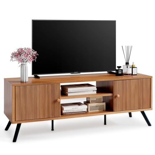 Brown 53-Inch Mid-Century Modern TV Stand for 55-65 Inch TVs with Fluted Doors