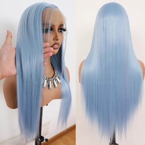 Ice Blue Lace Front Wig 24 Inch Long Straight Synthetic Hair for Women - Glueless, Natural Hairline