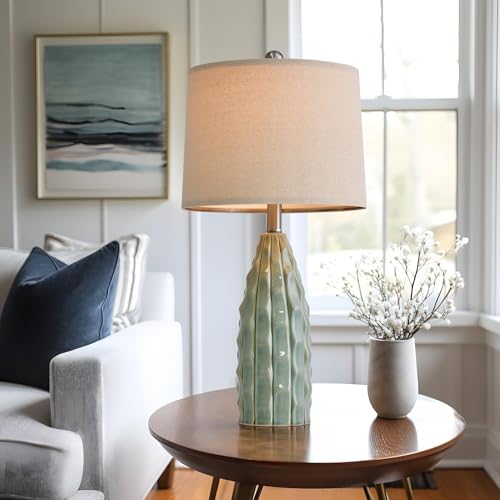 Ceramic Table Lamps Set of 2 - 23.75 Inch Modern Farmhouse Bedside Lamps - Green Nightstand and Desk Lighting - Variation B 23.75-Inch Green 2 Pack